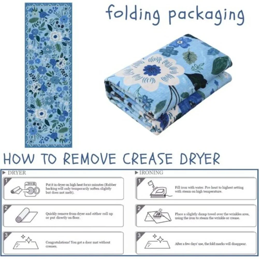 Non Slip 2'x 6' Blue Washable Runner Rugs with Rubber Backing Soft Floral Carpet